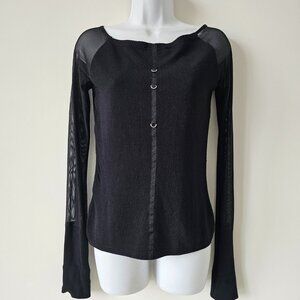 BUFFALO Black Cotton Knit Sheer Boat Neck Long Sleeve Top Medium